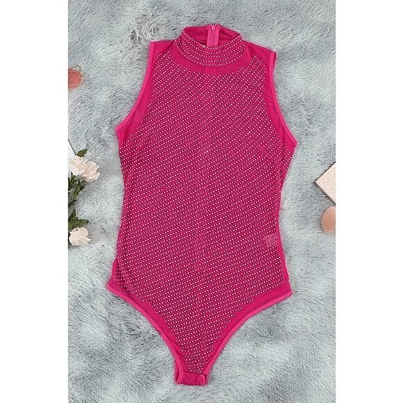 hot PINK 💕 Sheer Mesh Turtleneck See Through Leotard Bodysuit Body Top Sexy NWT - Picture 5 of 9
